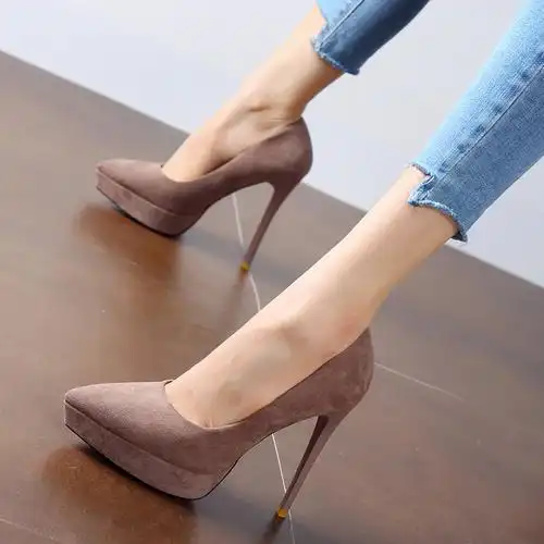 欧洲站职业超高高跟鞋2020春季浅口细跟绒面单鞋单鞋