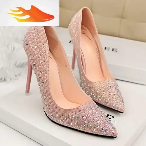 fishbasket高跟水晶鞋尖头女鞋细跟性感浅口银色礼服鞋宴会亮片单鞋10