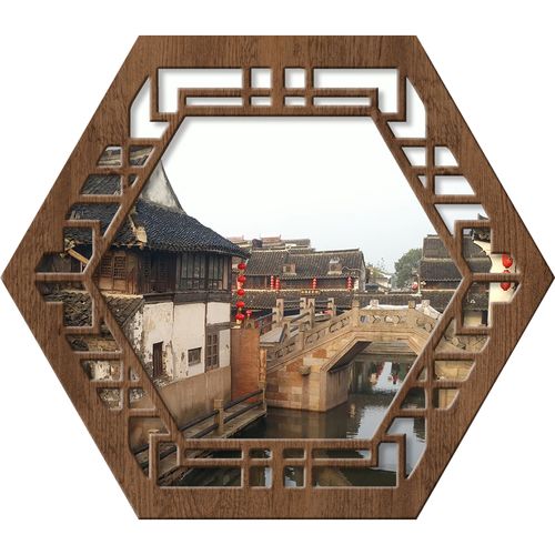 创京懿选新中式假窗户风景装饰画江南水乡建筑意境挂画客 ka00010