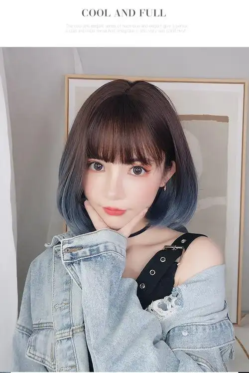 假发女短发学生圆脸雾霾蓝全头套式网红短卷发自然少女波波头发套