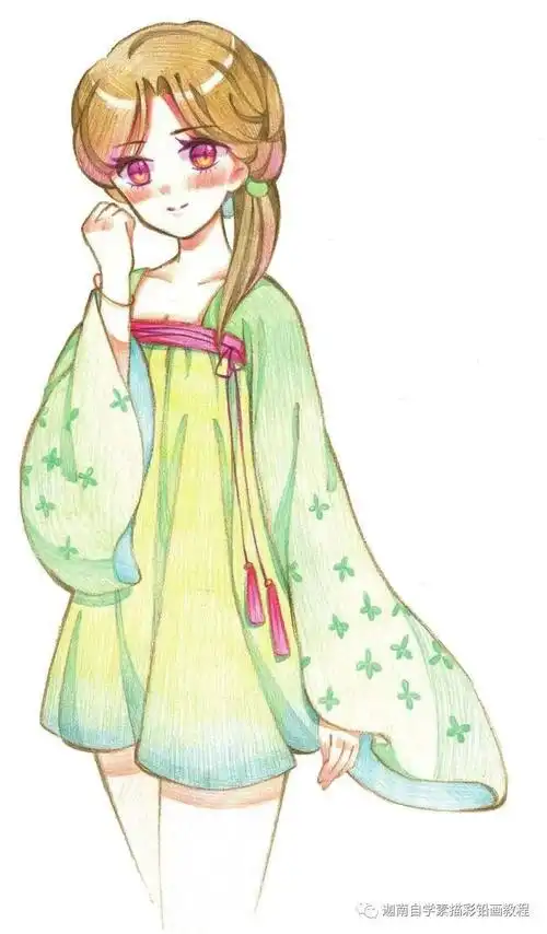 彩铅画的动漫古装小姑娘