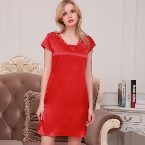 female code nightgown with short sleeves大码短袖蕾丝丝绸睡裙