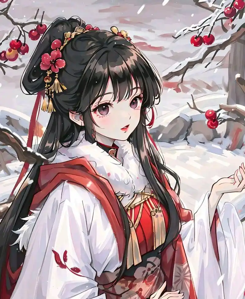 一组古风少女插画欣赏,红装白雪,相得益彰.