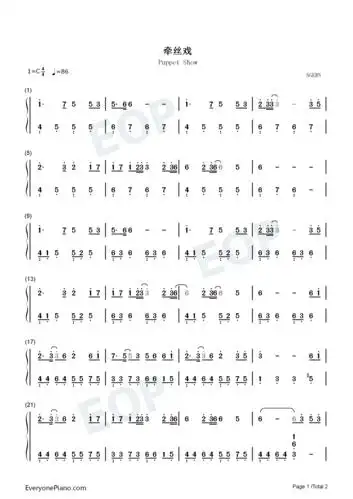 牵丝戏c调简单版双手简谱预览1