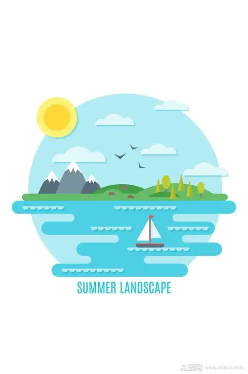 扁平化夏季海边风景矢量素材