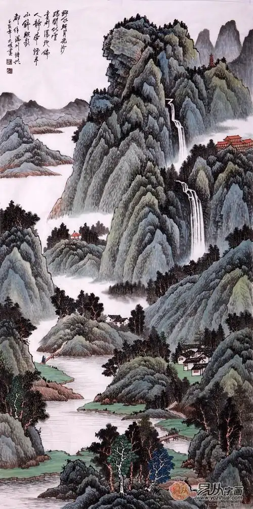 这幅四尺竖幅山水画,描绘了秀丽自然的山水风景,整幅作品红色为主