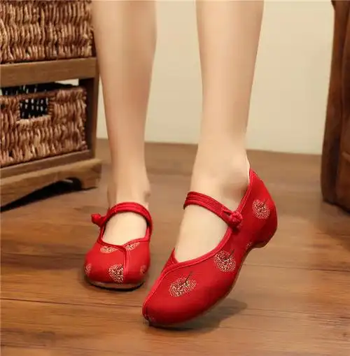 lbjl12新品牛筋厚底优雅内增高民族风一字扣布鞋