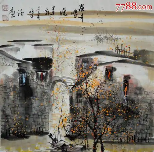 精品手绘真迹国画江南水乡山水画《渔舟唱晚》ss0701