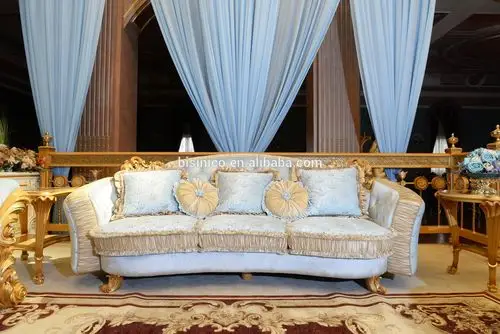 豪华维多利亚风格实木雕刻部分沙发套装意大利浪漫蓝色面料沙发宫殿皇