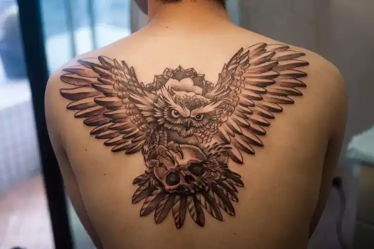 型男柳先生后背的猫头鹰抓骷髅纹身图案