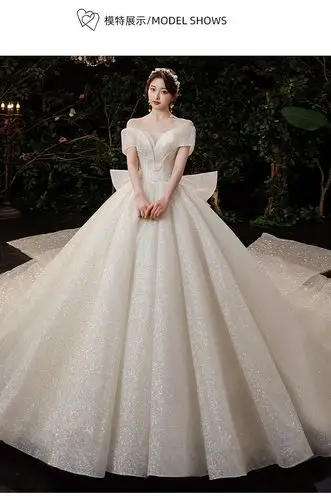 外贸婚纱礼服一字肩2021秋冬季新款新娘宫廷大码简约拖尾修身主纱