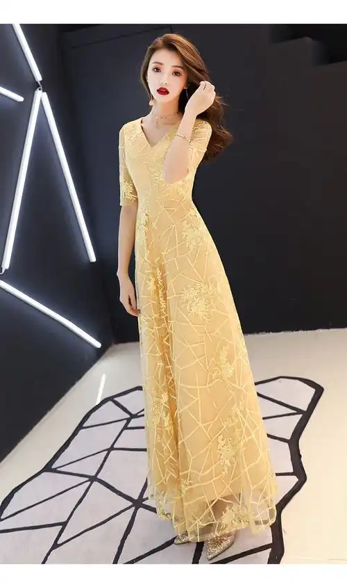 宴会晚礼服裙女平时可穿气质年会礼服女小个子金色年会晚礼服女新款