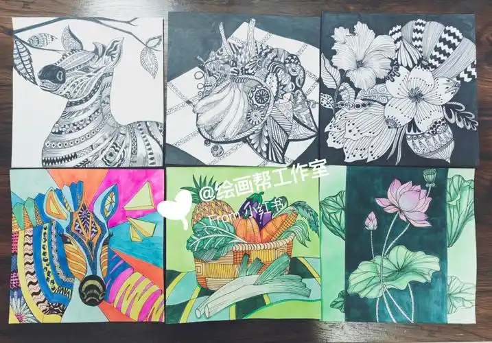 代画|大学生黑白装饰画作业,彩色装饰画