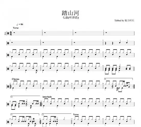 七叔(叶泽浩)-踏山河架子鼓谱爵士鼓谱(原汁鼓点)