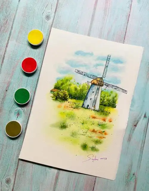水彩风景风车