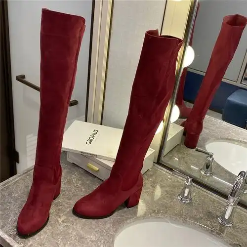 过膝靴女弹力瘦瘦靴2021秋冬款拼接酒红色长靴粗跟高跟绒面长筒靴