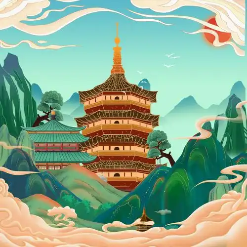 国潮手绘山水画城市地标山水