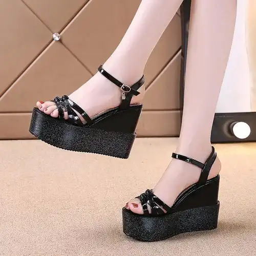 超高高跟12cm白色厚底凉鞋夏天坡跟松糕底女时装凉鞋