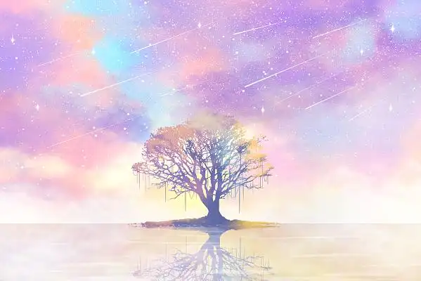 梦幻天空唯美粉色系风景少女心插画背景紫色星空流星唯美插画风景