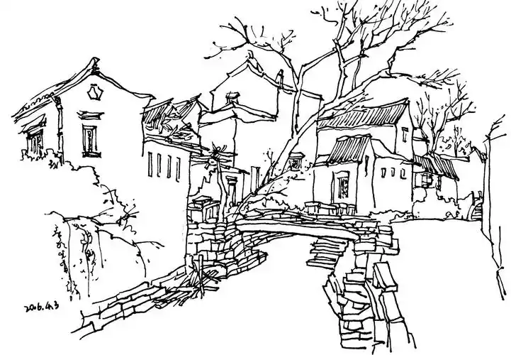 日绘手绘钢笔速写速写钢笔画江南水乡