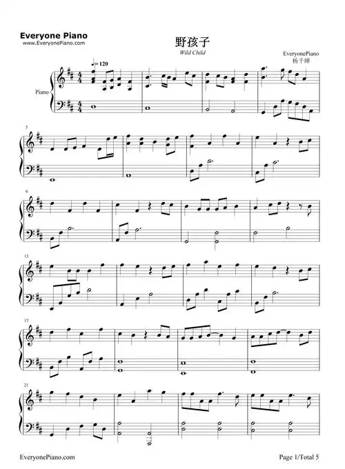 野孩子-杨千嬅五线谱预览1-钢琴谱文件(五线谱,双手简谱,数字谱,midi
