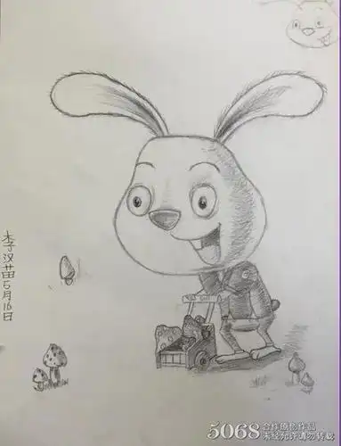 采蘑菇的小兔子动物素描画作品分享铅笔画 5068