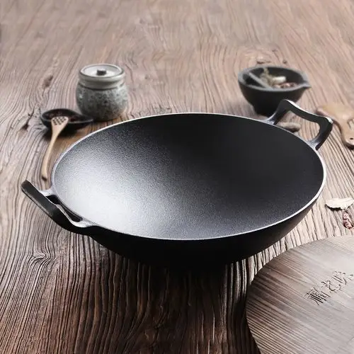 福之味加厚铸铁锅双耳炒锅圆底生铁锅36cm无涂层不粘锅老式炒菜锅