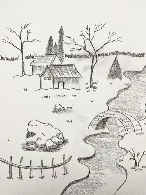 炭笔风景画61小桥流水人家桥来啦