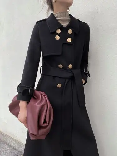 黑色双面羊绒大衣女中长款高端气质英伦风修身收腰毛呢外套过膝