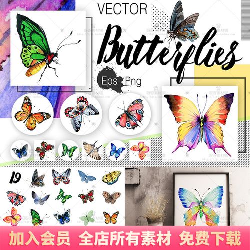 手绘水彩美丽蝴蝶插图装饰画芯卡片包装png免抠 eps矢量设计素材