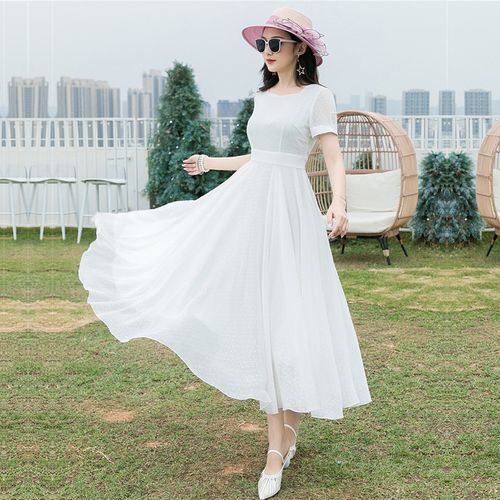 白色短袖雪纺连衣裙女长款到脚踝2022夏季新款超仙气质大摆长裙子