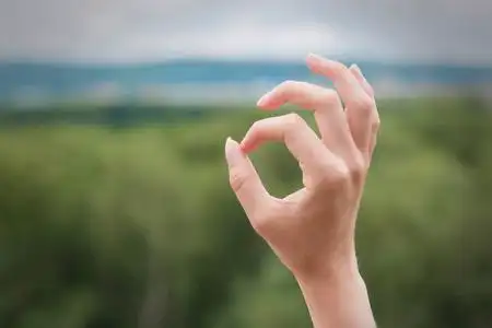 女孩手显示确定标志在绿色自然和天空背景照片
