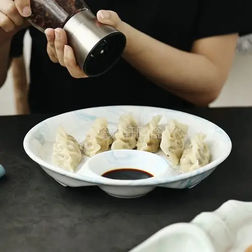 盘子创意陶瓷水饺盘带醋碟饺子专用盘