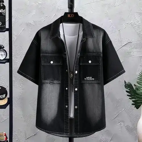 男孩短袖牛仔衬衫男生青少年新款字母印花帅气百搭学生夏季薄外套