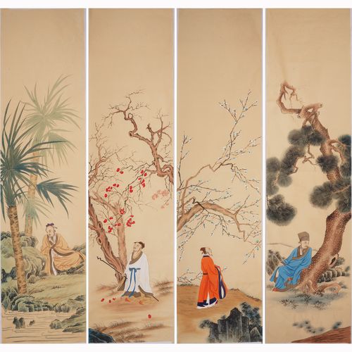 四时同艺术的优惠券大全—工笔画国画手绘四条屏春夏秋冬仿古人物老头