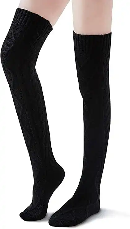 女士过膝袜 绞花针织过膝靴袜 长保暖腿套 冬季, 1 件-黑色, medium