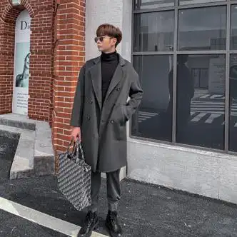 羊绒大衣男长款过膝男士大衣韩版双面羊毛大衣加厚外套风衣男灰m