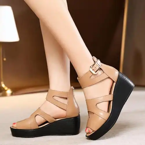 凉鞋夏季凉皮厚底高厚底皮鞋女式坡跟真皮女士一字带凉鞋