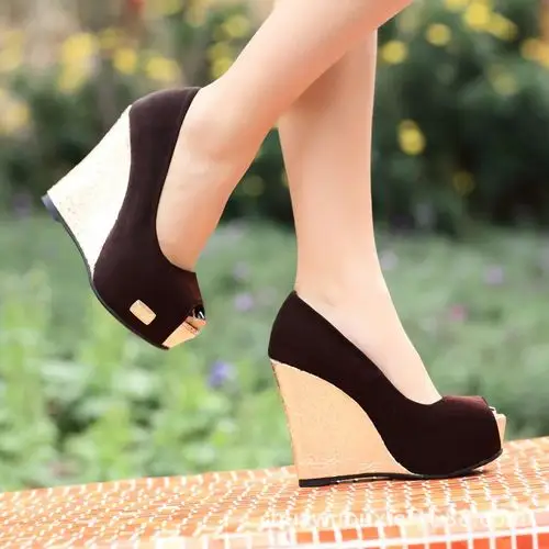 磨砂绒面防水台坡跟鱼嘴凉鞋欧美夏季厚底高跟女鞋网店货源代理