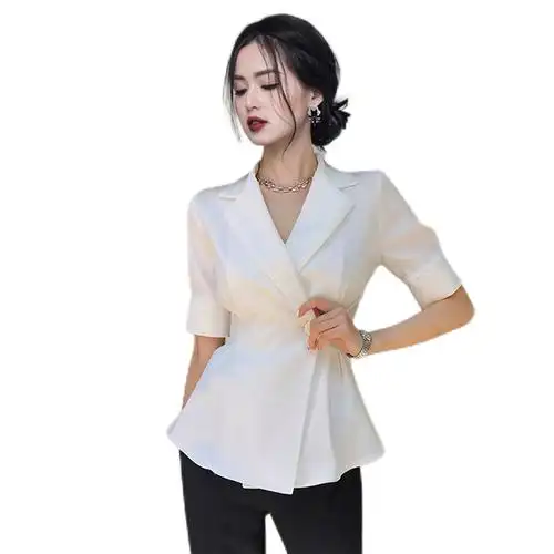 洋气时尚法式白色衬衫女2022秋冬新款西装领收腰别致薄款短袖上衣