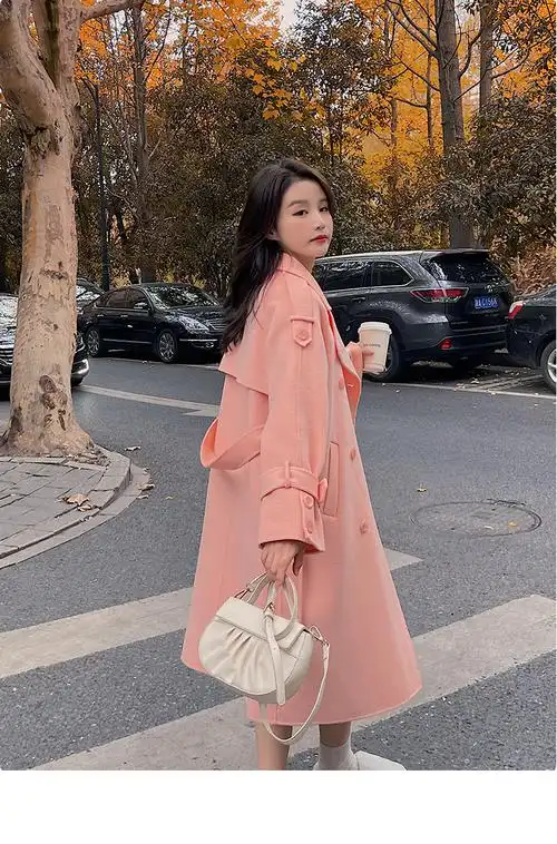 拉夏贝尔毛呢大衣女专柜橘粉色双面羊绒大衣女中长款2021年新款高端