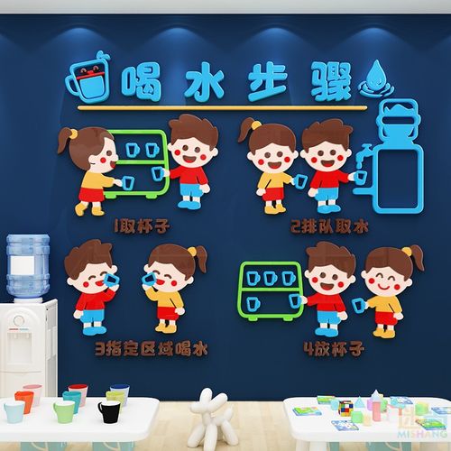 幼儿园我爱喝水饮水区规则步骤流程图墙贴环创主题教室布置贴纸画