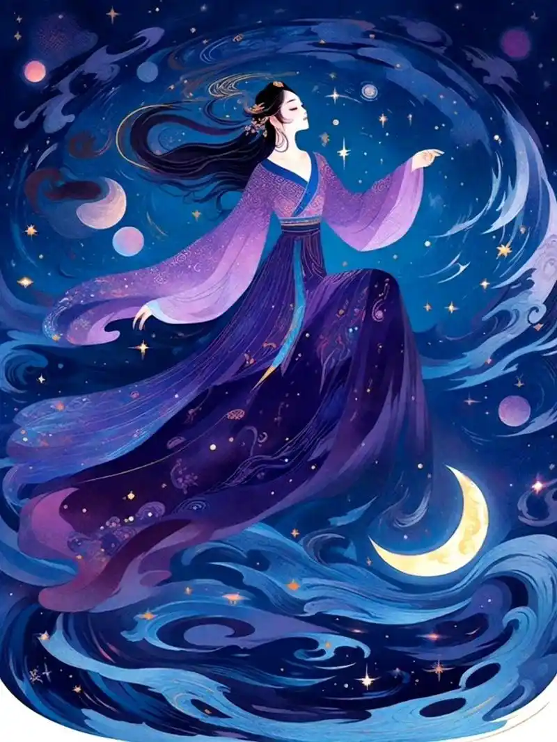 一组古风人物插画欣赏,描绘了月空中的仙子.