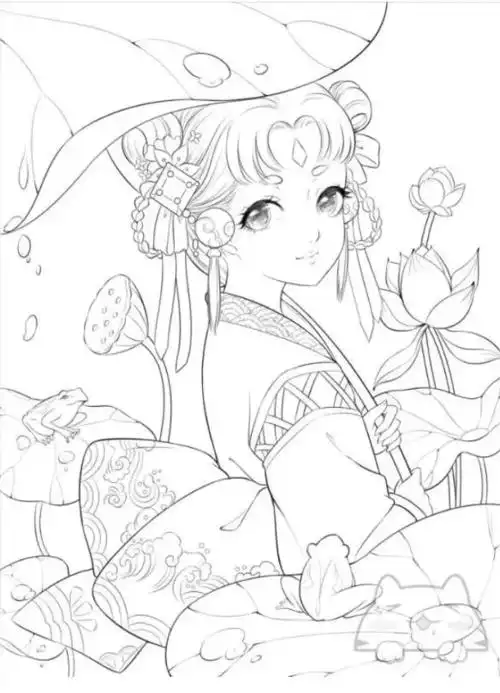 黑白线稿唯美古风美女白描线稿