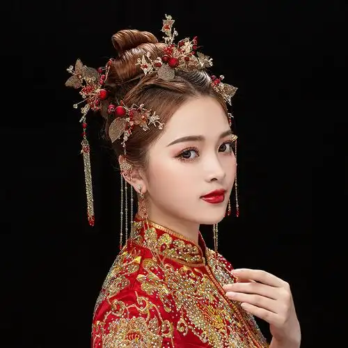 秀禾头饰红色新娘结婚中式凤冠霞帔步摇古装敬酒发饰