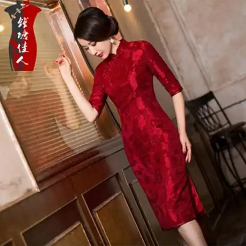 钱塘佳人早春提花棉红色七分袖中长款复古喜庆旗袍改良连衣裙