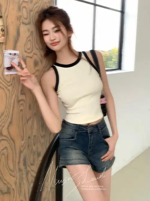 弹力修身牛仔短裤女做旧复古a字高腰ins风外穿辣妹阔腿超短热裤子