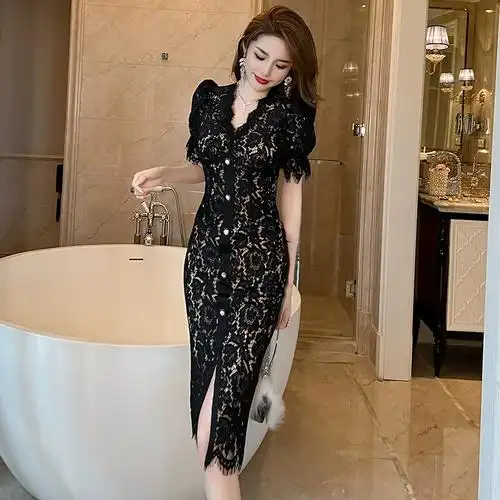 新款 蕾丝连衣裙20468 优雅气质中长款 女装 法式 裙子2024夏季 v领修