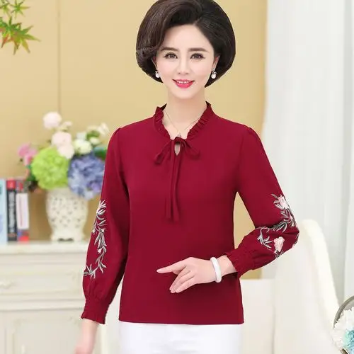 妈妈装春装雪纺袖打底衫中老年女装刺绣花长袖t恤中年人洋气衬衫