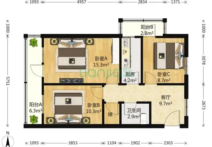 北京车道沟南里3室1厅1卫80平米户型图